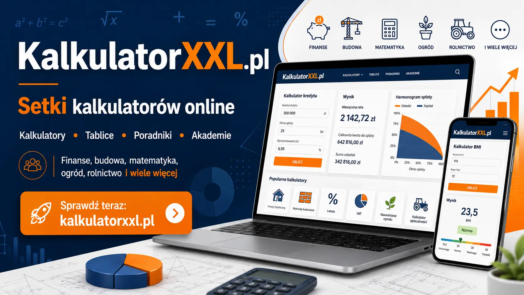 Widok serwisu KalkulatorXXL z kalkulatorami online